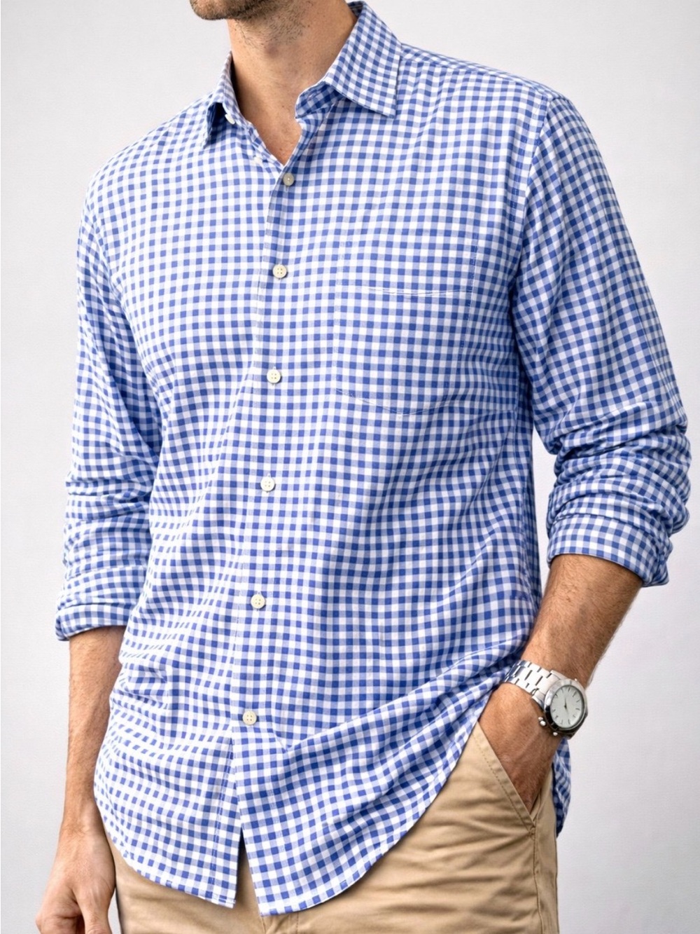 David Donahue Classic Blue Gingham Men's Button-Up Shirt Like new